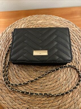 BCBG Paris Black Leather Quilted Chevron Crossbody Bag with Gold/ Leather Chain